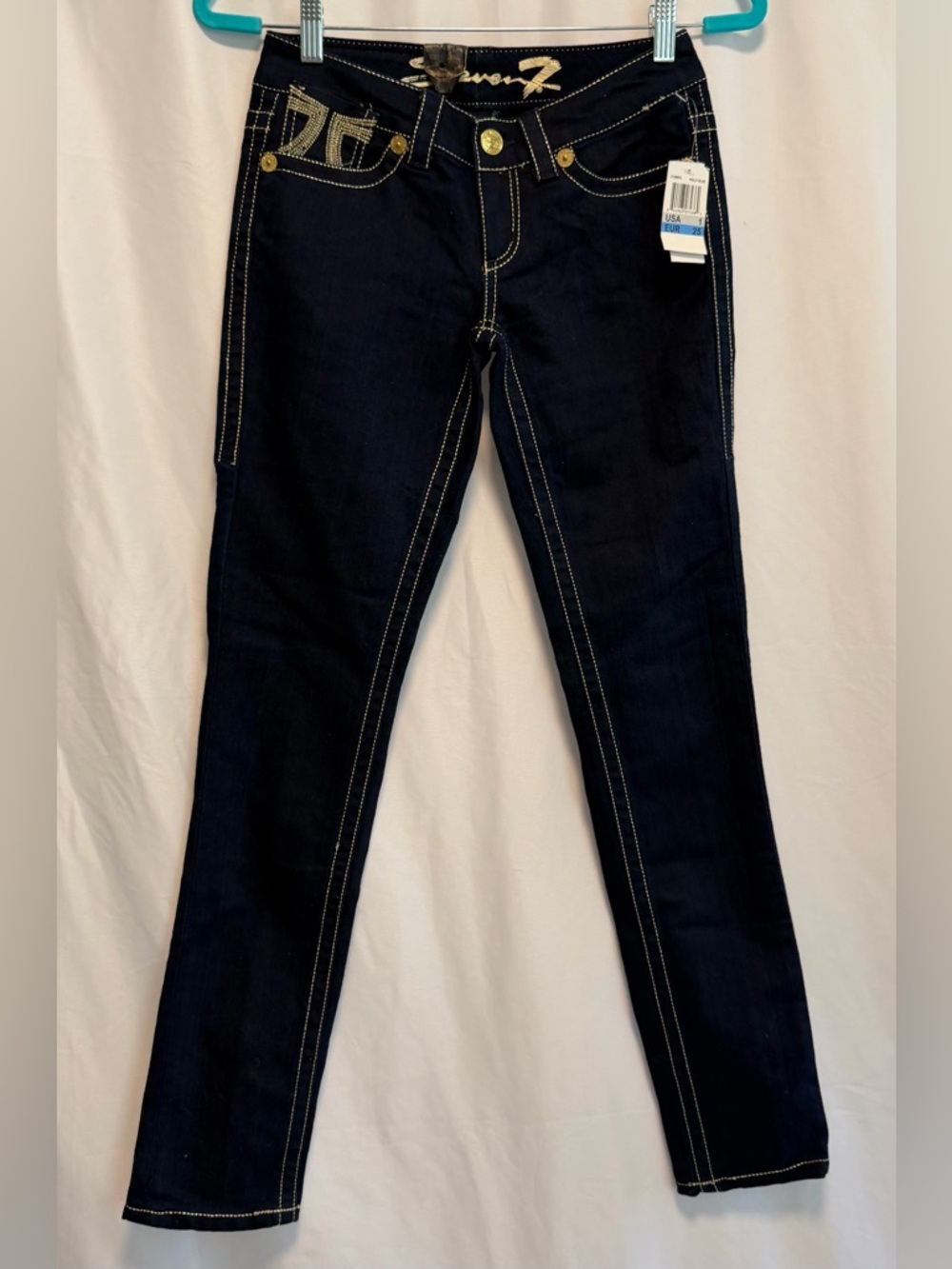 7 For All Mankind Low Rise Bootcut Jeans Dark Wash Gold Stitch Y2K Size 25 NWT